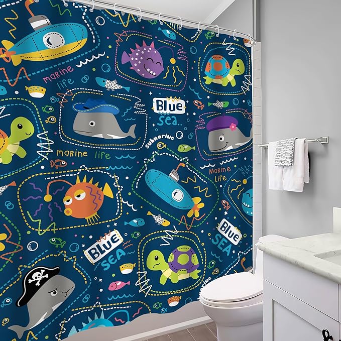 Funny Boys Ocean Shower Curtain 60Wx72H Navy Summer Kids Toddler Nursery Cartoon Sea Animal Cute Fish Fun Underwater Marine Coastal Bathroom Decor Bath Curtain Fabric Polyester 12 Pack Hooks