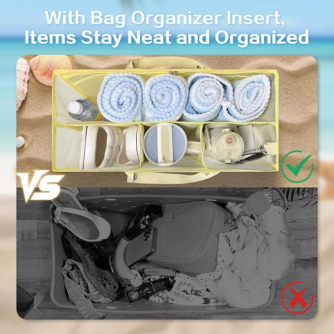 XYFuuee Beach Bag Organizer Inserts for Original Large Bogg Bag Accessories with 8 Removable Metal Fasteners, Lightweight Mesh Insert Divider Pouch, Organizing Rubber Tote, Save Space, Yellow XL