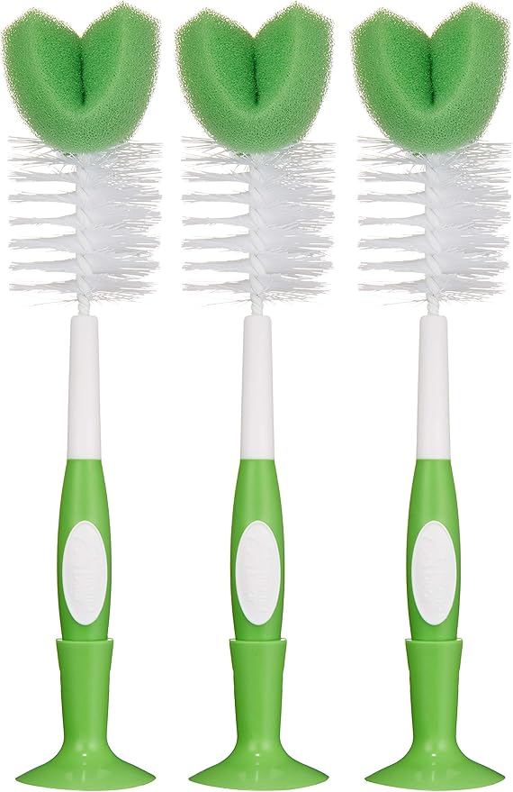 Amazon Brand - Mama Bear Baby Bottle Brush with Nipple Cleaner and Suction Cup Stand,White,3 Count (Pack of 12)