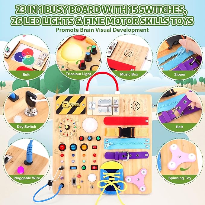 23-in-1 Montessori Busy Board with LED Lights Educational Wooden Activity Toy for Toddlers Ages 1-3, Travel Sensory Board with Switches Locks Music Box Fine Motor Skills Learning Toy for Boys Girls