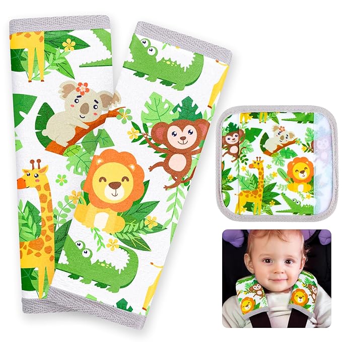 Seat Belt Cover Pad for Baby, Soft Seatbelt Cushion Covers for Kids 2Pcs Car Seat Strap Shoulder Pads for All Car Seats, Stroller, High Chair,Green Zoo