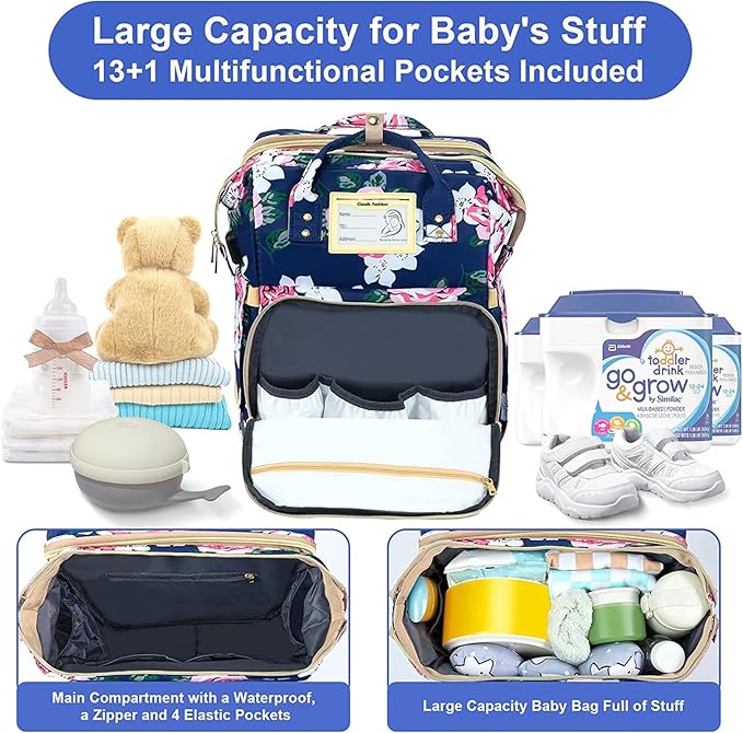 GurZinn Diaper Bag Backpack with Changing Station, Foldable for Bady Toddler, 3 in 1 Large Capacity Newborn Essentials Organizer with Stroller Hook for Girls and Boys（Blue）
