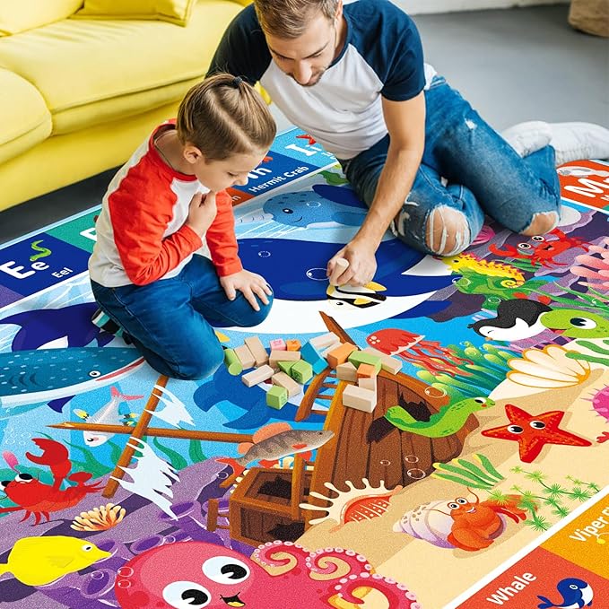 Baby Play Mat for Floor, ABC Kids Play Mat, Sea Animals Kids Rugs for Girls and Boys Playroom, Foldable Rug for Baby Toddler Infants Crawling Playing (Blue, 59X39.4 INCH)