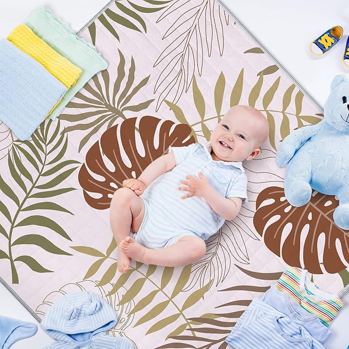 Funtery 43 x 43 Inch Boho Baby Play Mat Portable Crawling Washable Foldable Tummy Time Non Slip Baby Floor Large Playpen Mat for Infants Toddlers Floor Playpen Activity(Plant Theme)