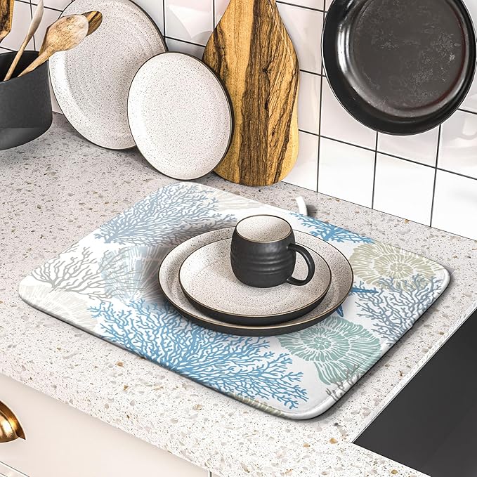 Nautical Coastal Dish Drying Mat for Kitchen Counter,Summer Ocean Themed Seashell Coral Starfish Drying Mat 16 x 18 Inch with High Absorbent Microfiber Dish Drying Drainer Mat for Coffee Bar