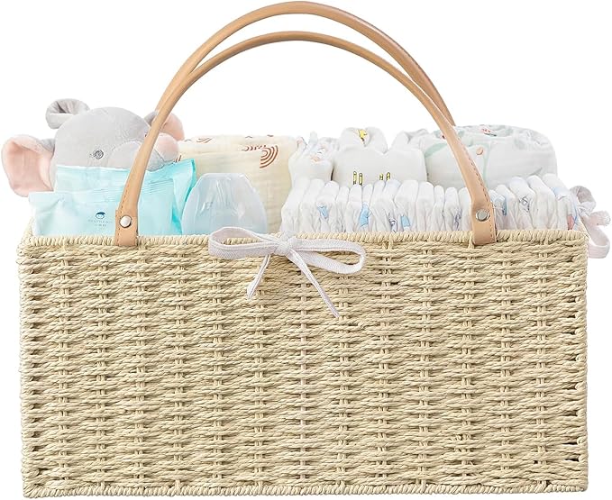 HBlife Large Baby Diaper Caddy Organizer, Paper Rope Storage Baskets Nursery Bin with Removable Divider, Portable Car Organizer for Diapers, Baby Shower Gifts, Newborn Essentials Must Haves