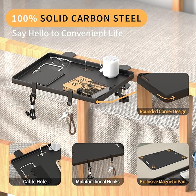 Bedside Shelf, Bedside Shelf for Dorm Bunk Bed, Clip On Nightstand Foldable, College Dorm Room Essential Bedside Tray with Magnetic Mat and Cable Management for Dormitory Black