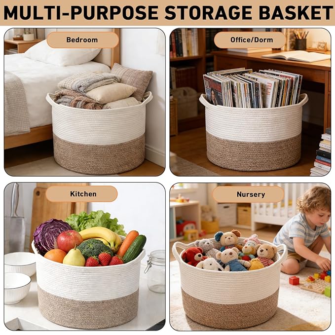 Large Storage Basket with Handle,19.7" L x 19.7" W x 13" H Blanket Basket Storage Bins for Organizing,65L Cotton Rope Woven Baskets for Living Room, Nursery ,Bedroom,White&Brown