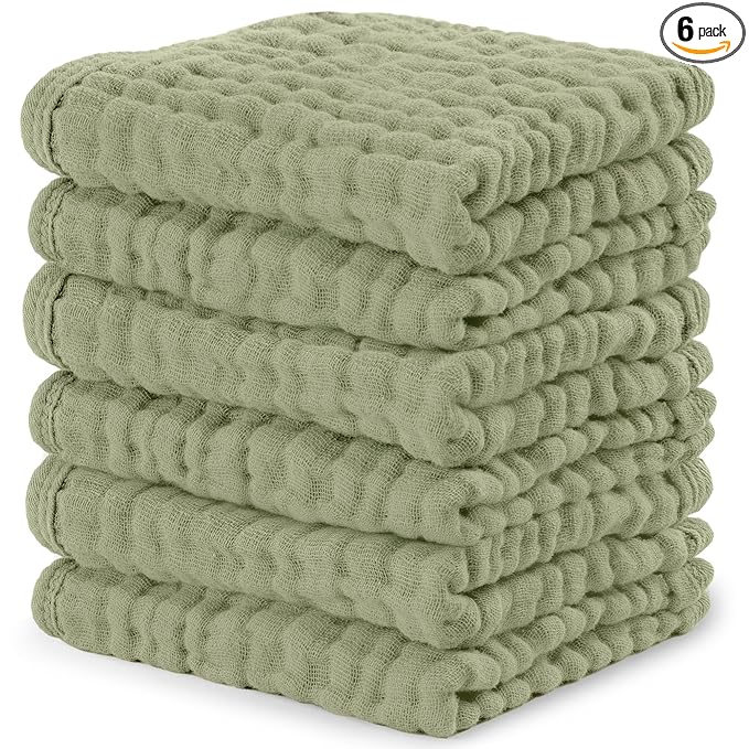 Comfy Cubs Muslin Baby Washcloths 6 Pack - Soft 6-Layer Cotton Wash Cloths for Sensitive Skin - 10"x10" Large, Gentle, Absorbent Infant Essentials for Newborn and Toddlers - Sage