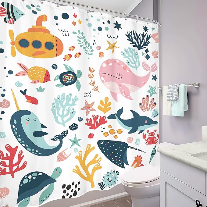 Kids Shower Curtain 72Wx78H Extra Long Kid Ocean Cartoon Whale Funny Underwater Sea Life Beach Nursery Boy Girl Bathroom Decor Coastal Submarine Fish Bath Curtain Fabric Polyester
