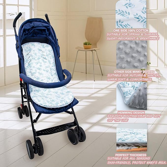 Baby Stroller Cushion,Soft Minky Dotted and Printed Stroller Seat Liner-Reversible Universal Breathable and Soft Newborn Stroller Pad, Cotton Infant Car Seat Insert-82x37cm,1 Pack(Blue Leaves)