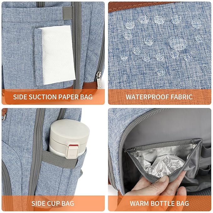 BILLITON MASHI Diaper Bag Backpack, Large Baby Nappy Bags with Portable Changing Pad for Boys and GirlsMultifunction Travel Baby Bag for Moms Dads, Shower Gifts Waterproof and Stylish，Light Blue