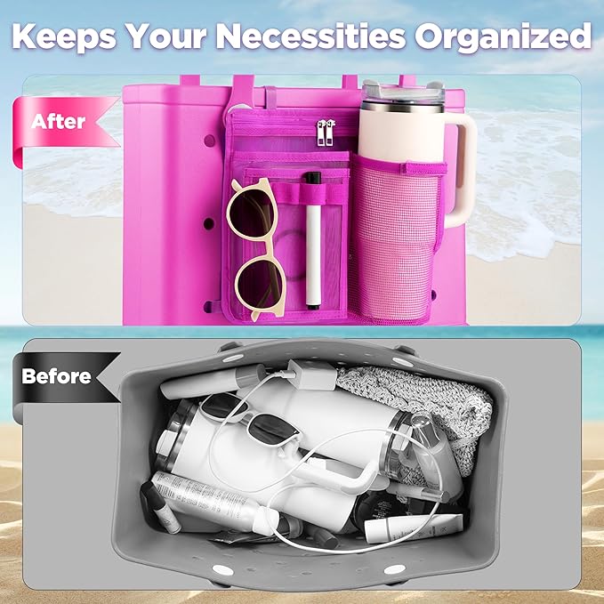 OUTXE Organizer Holder for Bogg Simple Modern Bag Accessories, Cup Phone Holder compatible with Stanley, Univesal Storage Mesh Divider Organizing Insert Pouch for Medium Bog Beach Rubber Tote