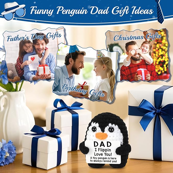 CryCarrot Fathers Day Dad Gifts from Daughter Son Birthday, Handmade Crochet Penguin Dad Birthday Gifts, Mini Funny I Love You Gift for Dads Bonus Step Father Mens Father's Day Christmas Cute Decor