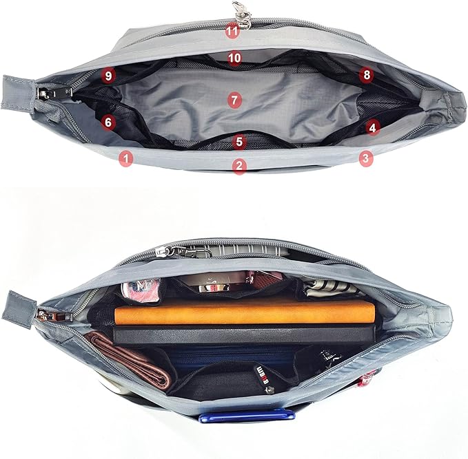 Time Wing Handbag Tote Purse Organizer Insert Bag Liner Shaper Divider Zipper 11 Pockets Compartments Large Grey