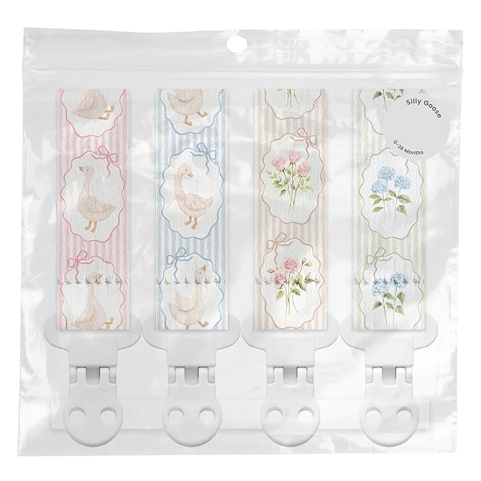 Stadela Baby Fabric Pacifier Clip Holder, Plastic Clip, 4‑Pack, Cottagecore Pattern, Silly Goose Set