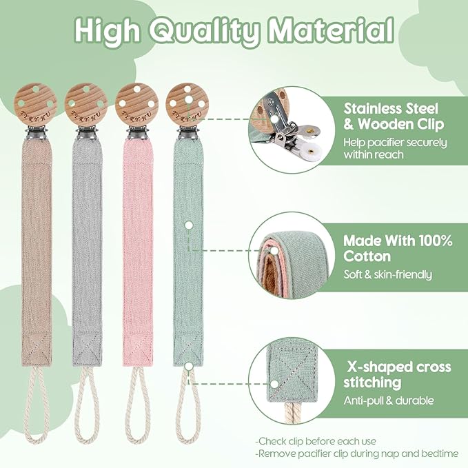 TYRY.HU Ribbon Pacifier Clip Holder,4 Pack Binky Paci Holder Clips, Pacifier Leash for Boys and Girls, Fabric Pacifier Strap Universal Fits for Most Pacifier, Styles & Teethers(Khaki,Grey,Green,Pink)