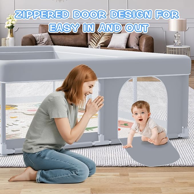 XVISHX Baby Playpen with Mat, 74 x 50 Inch Playpen for Babies and Toddlers, Baby Playard for Indoor & Outdoor Active Center Game Fence, with Skin-Friendly Fabric and Soft Breathable Mesh, Grey