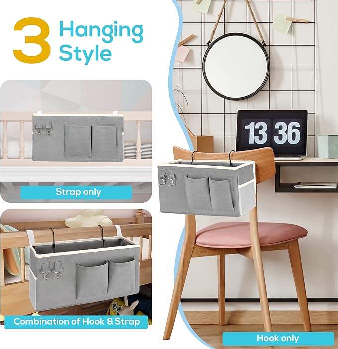 2pcs Bedside Caddy Hanging Storage Bag, Water Cup Holders, Organizer Baskets with Pockets for Bunk Bed Shelf, Hospital Beds, Loft & Dorm Rooms Accessories (Bedside bag-Grey)