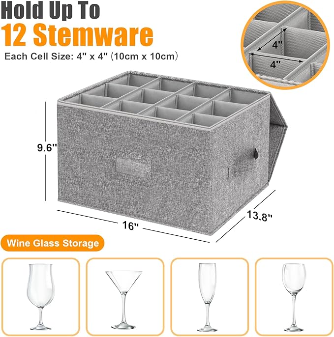 Kukikan Wine Glass Storage Box 2-Pack, Stemware Container Cases, Stackable w/Hard Shell Top Sides Bottom, Moving Supplies, China Storage Containers for 24 Crystal Glasses Drinkware 9.2'' Tall, Grey