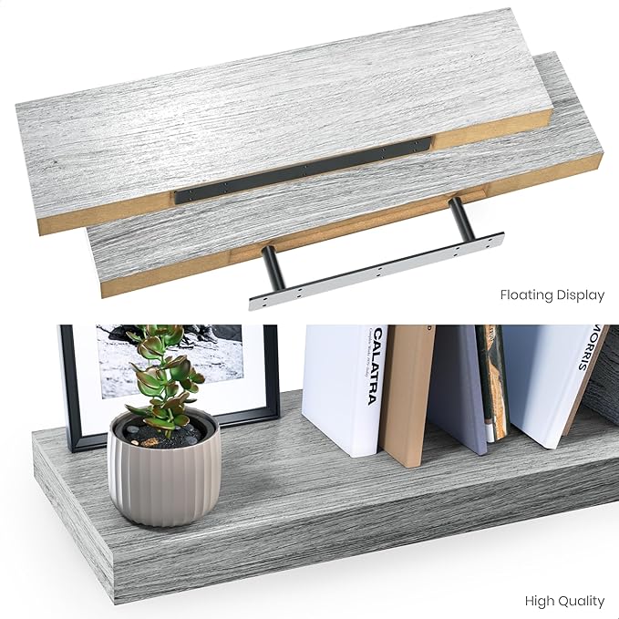 Ballucci Floating Shelves, 36" Wood Wall Shelf Set of 2, with Invisible Brackets for Bathroom, Living Room, Bedroom, Kitchen, Nursery, 6" Deep, Rustic Gray