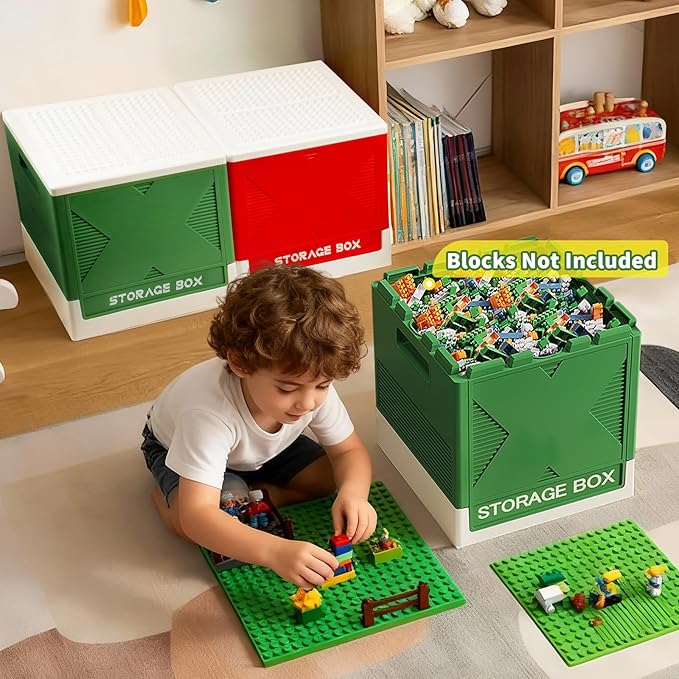 Folding 2-in-1 Storage Box with Large Building Lid for Blocks, Toys Collapsible Storage Bin, Multifunctional Organizer Box for Organizing Brick, Bead, Tool, Sewing and Toys(Red)