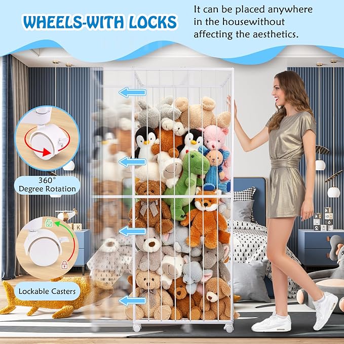 BETBEM Stuffed Animal Storage, Metal Tube Extra Large Toy Storage Organizer with Brake Wheels, Stuffed Animal Holder Zoo Organizer for Nursery Playroom Kids Room White(61” x 23.6”x 16.5”)