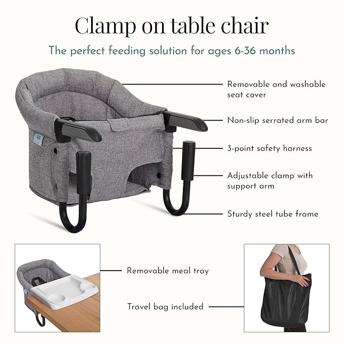 Evolur Clamp-On Comfort Table Chair, Portable Clip-On High Chair for Babies & Toddlers (6–36 Months), Removable Washable Seat Cover, Dishwasher-Safe Tray, Foldable Design with Carry Bag – Gray