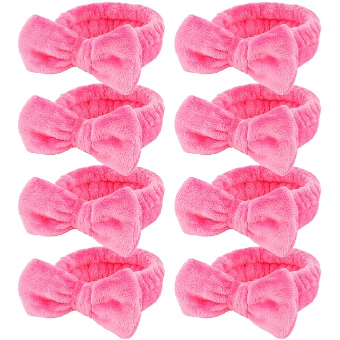 Ondder Spa Headband for Washing Face, Rose Red Terry Cloth with Cute Bow, Skincare Headbands for Women Girls, 8 Pack