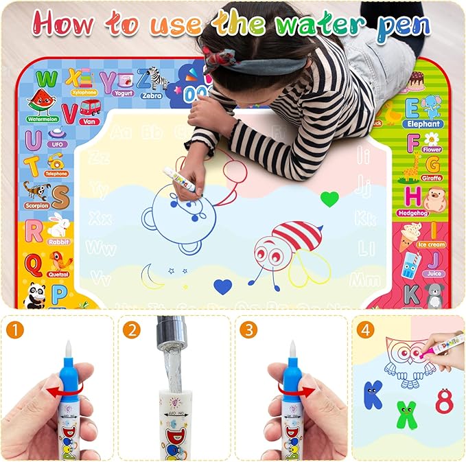 Water Doodle Mat 32 x 24 Inch Kids Water Painting Writing Drawing Mat Toy,Mess Free Coloring Extra Large Magic Educational Toys for Boys Girls Age 3 4 5 6 7 8 Year Old Christmas Birthday Present