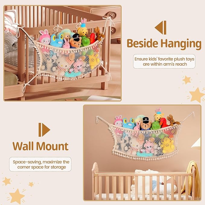 Stuffed Animal Storage Net, Large Bedside Toy Organizer Net, Cotton Plushie Toy Storage Hammock with Tether for Stuffed Animals Playroom Organization