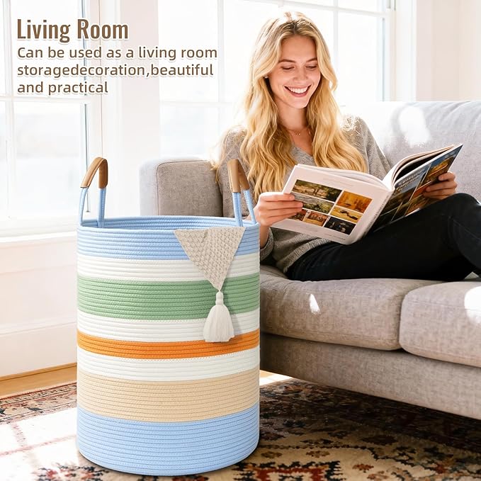Degeyoyo 60L Striped Laundry Basket, Rainbow Laundry Hamper with Leather Handles, Woven Cotton Rope Storage Bin for Blankets, Nursery Hamper for Clothes, Toys In Bathroom, Livingroom, Bedroom