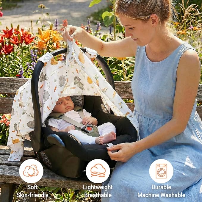 Metplus Car Seat Cover Baby, 100% Muslin Cotton Infant Carseat Covers for Boys and Girls, Lightweight Breathable Canopy, Summer Stroller Sun Shade, Newborn Travel Essentials(Rabbit)