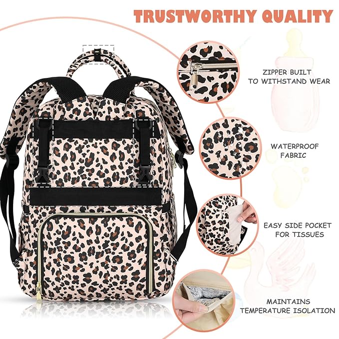 Tenot Baby Diaper Bag Backpack, Travel Diaper Bags for Baby Girl Boy Large Capacity Baby Bag Backpack for Women Leopard Print