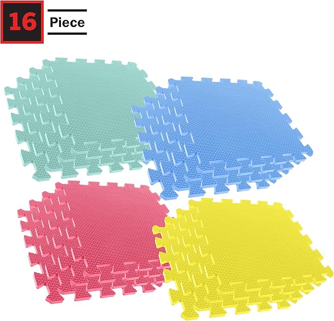 Interlocking Floor Mats - 16-Piece Nontoxic Exercise Mat or Play Mat for Toddlers, Babies or Kids - Foam Padding for Home Gym by Stalwart (Multicolor)
