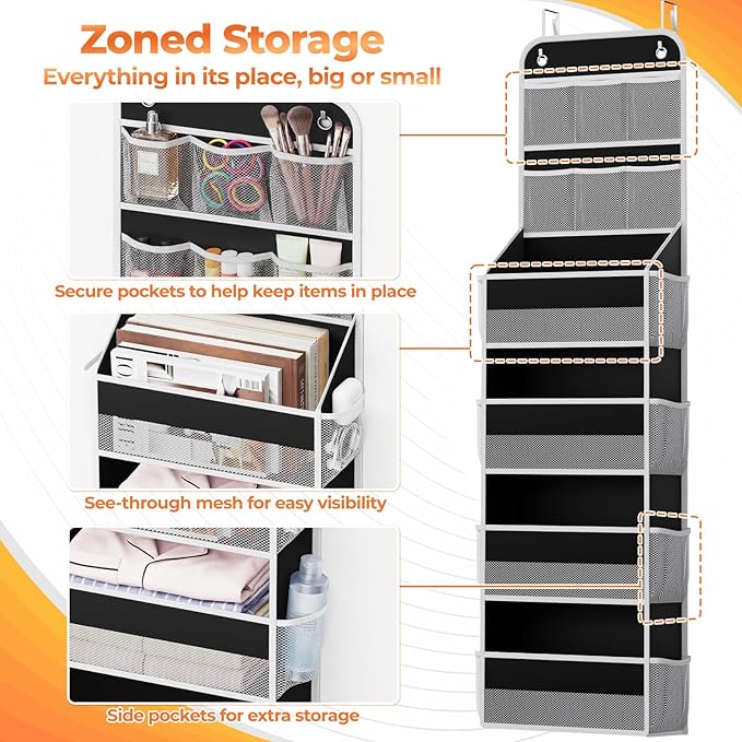 6-Tier Over the Door Organizer with Mesh Pockets, Baby Nursery Storage for Closet, Bathroom and Bedroom, Adjustable Hanging Closet Organizer for Cosmetics, Books and Essentials（Black）