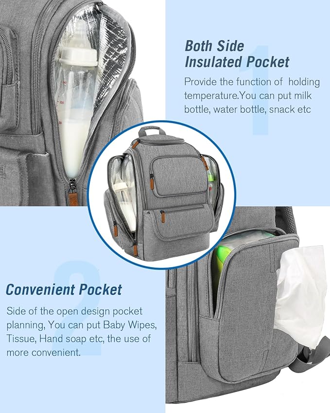 Mancro Diaper Bag Backpack, Multifunctional Baby Diaper Bag Backpack For Men Women with Stroller Straps, Travel Water Resistant Baby Diaper Backpack with 2 Side Insulated Pockets, White Grey