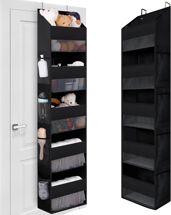 GRANNY SAYS Over The Door Organizer, 5-Shelf Waterproof Behind Door Storage with 8 Pockets and Clear Window, Anti Tilt 45bl Large Capacity Hanging Shelf for Baby Diapers, Toys Organizer, Black
