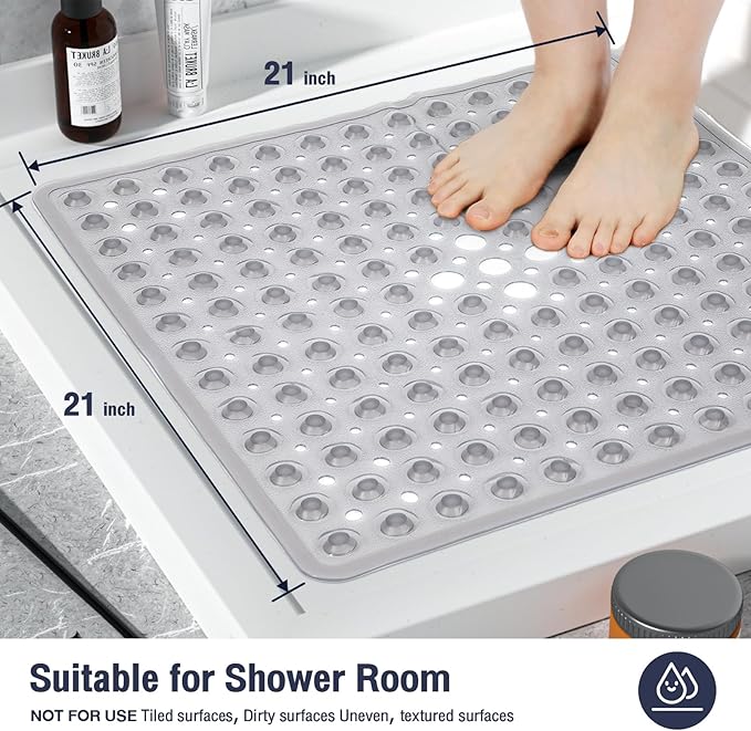 Square Shower Bathtub Mat Non Slip for Inside Shower Clear Grey 21x21 Inch, Shower Stall Mats for Bathroom Floor, Soft Bath Mat for Tub with Big Suction Cups Drain Holes, Easy Washable Dry