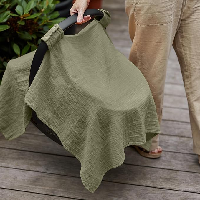 Car Seat Cover Baby - Organic Muslin Cotton - Carseat Canopy - 43" x 32" - Sage Green
