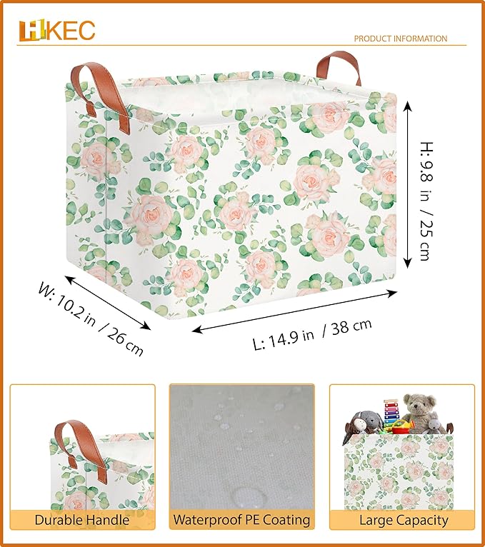 HKEC Rectangle Storage Basket with Handles,Collapsible Toys Bin,Books Box,Gift Basket(Watercolor Rose)