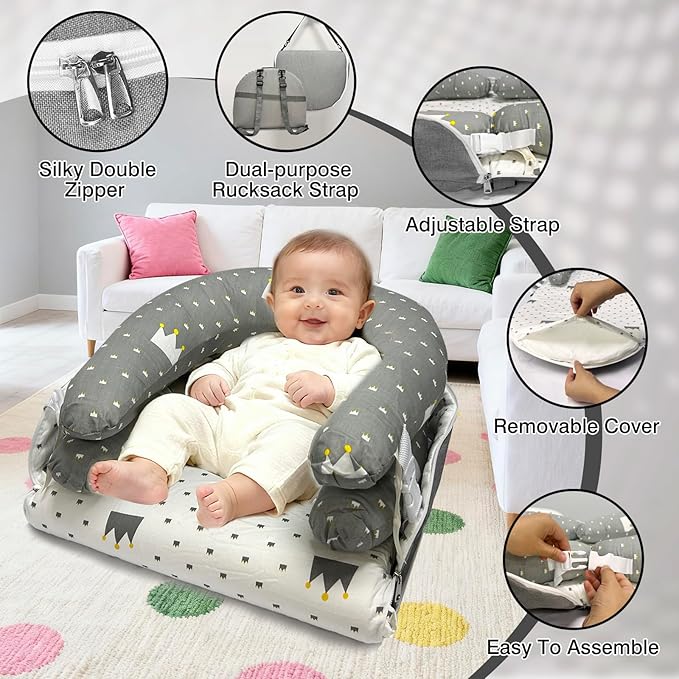 Baby Lounger, Foldable Portable Waterproof Baby Nest Cover, 0-24 Months Newborn Tummy Time Training & Seating Support Pillow, Dual-Use Breathable Infant Lounger Backpack for Home & Travel (Gray)