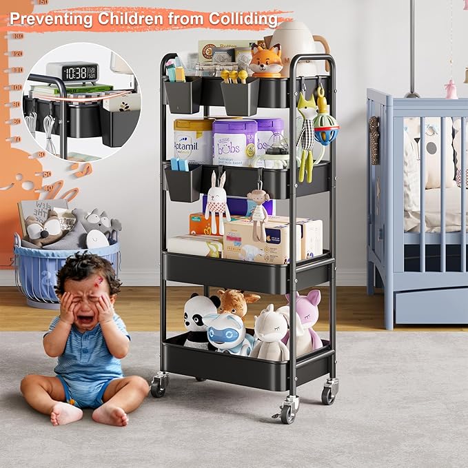 4-Tier Metal Rolling Cart with Wheels, Storage Utility Organizer Cart for Kitchen, Bathroom, Office, Baby Essentials & Makeup - Lockable Casters, Easy Assembly, Large Capacity, Black