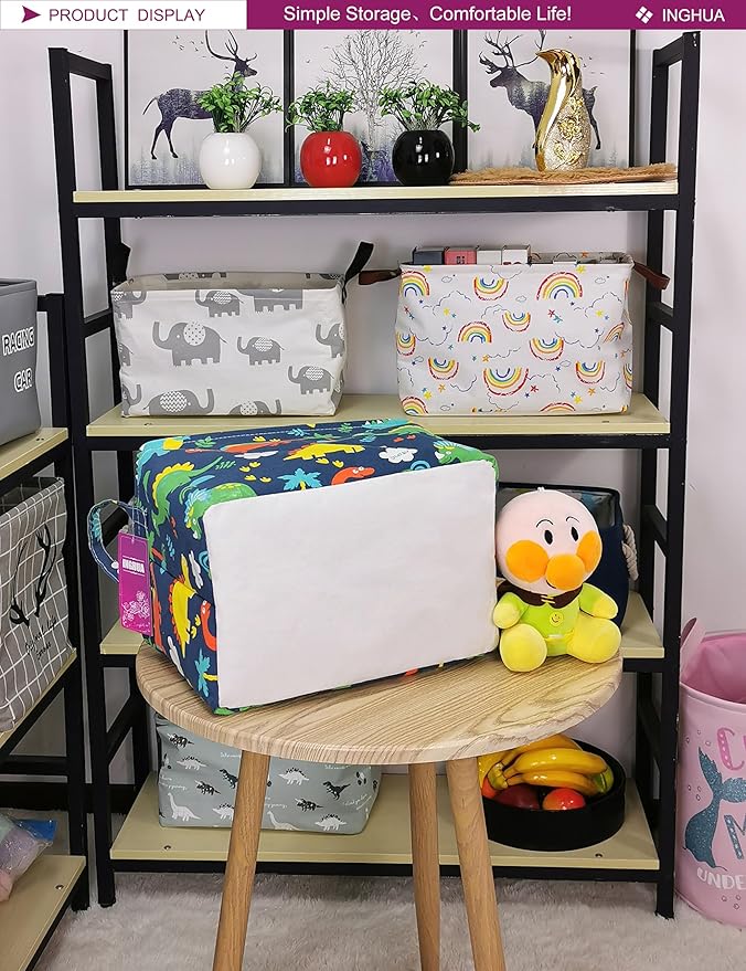 INGHUA Rectangular Storage Basket Fabric Organizer Bin for Toys,Books,Clothes,Gifts,Pets-Perfect for Home,Office,Nursery,Dorm,Shelf(Rec Forest Dinosaurs)