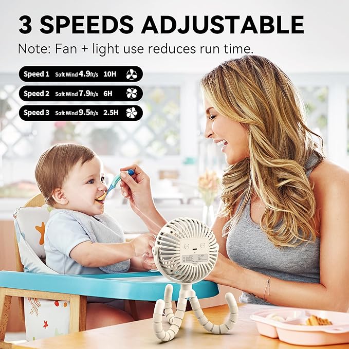AMACOOL Battery Operated Stroller Fan, Newborn & Baby Travel Essentials, Registry Gifts, Flexible Tripod Clip On Fan with 3 Speeds and Rotatable for Car Seat Crib Bike Treadmill, Beach Essentials
