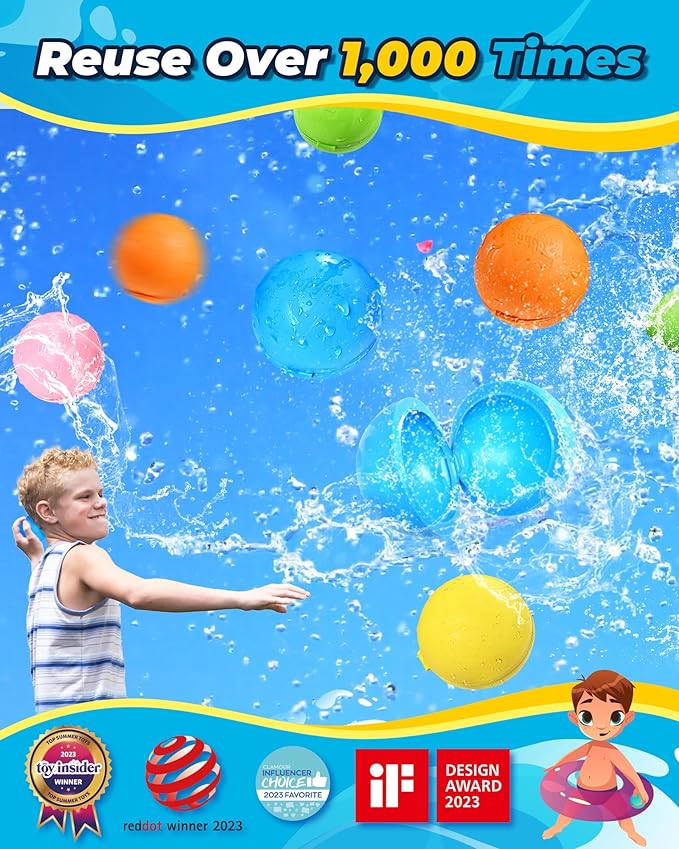 SOPPYCID 20 Pcs Reusable Water Balloons, Self Sealing, Refillable Water Bomb Splash Balls, Pool Beach Water Toys for Kids Ages 3-12, Kids Toys for Summer Fun Outdoor Activities Water Party Favors