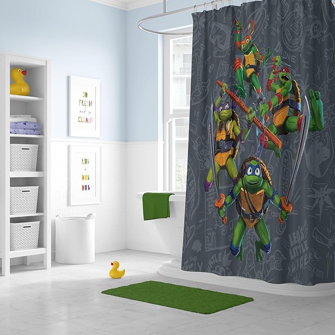 Jay Franco Nickelodeon Teenage Mutant Ninja Turtles Fabric Shower Curtain - Kids Grey Bathroom Décor with Leonardo, Raphael, Michaelangelo and Donatello