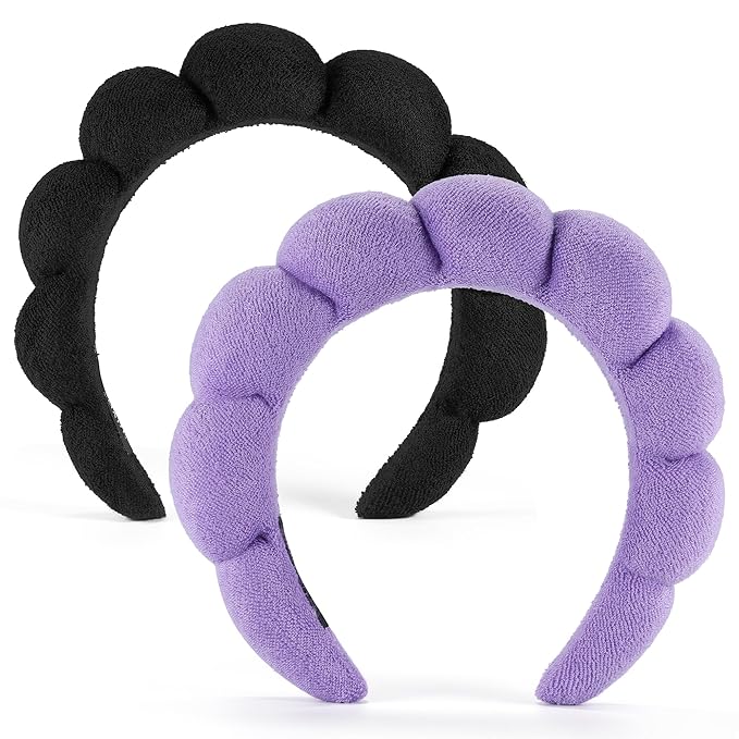 Terry Cloth Spa Headbands for Washing Face or Facial, Set of 2, Black & Purple - Puffy Makeup Headbands for Face Washing, Mask, Skin Treatment