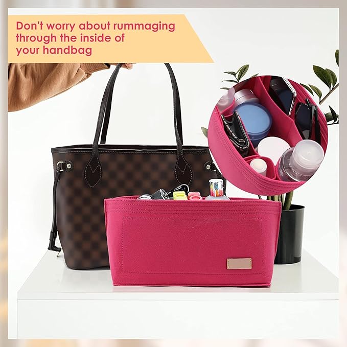 Purse Organizer Insert with Base Shaper Compatible with Neverfull PM Speedy 30 and More, Bag Organizer for Luxury Tote Handbags, Rose/M