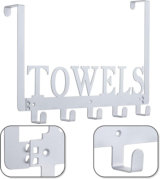 Kuhome Over The Door Hooks, Towel Hooks for Bathroom, Towel Rack Towel Holder for Bathroom Bedroom Kitchen Pool Beach Towels Bathrobe Wall Mount Hang on The Door Cabinet Cupboard (Silver Grey)